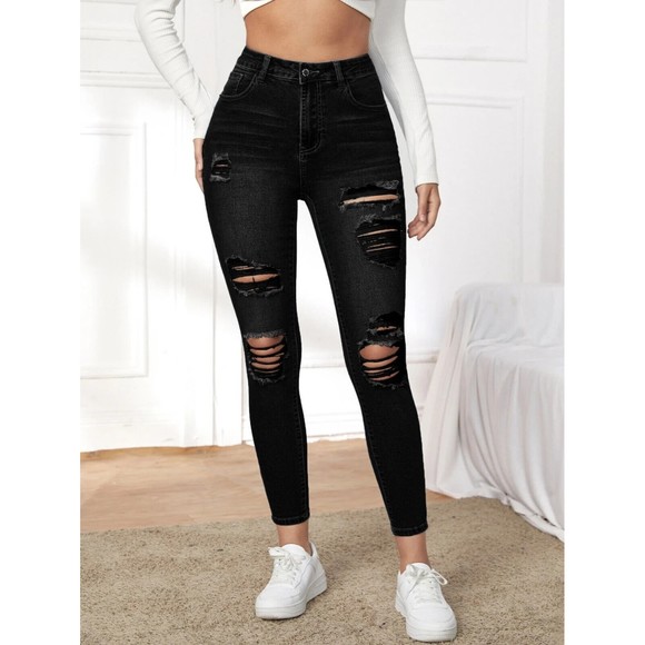 Black High Rise High Stretch Distressed Ripped Grunge Skinny Jeans Medium Size 6 - Picture 5 of 14